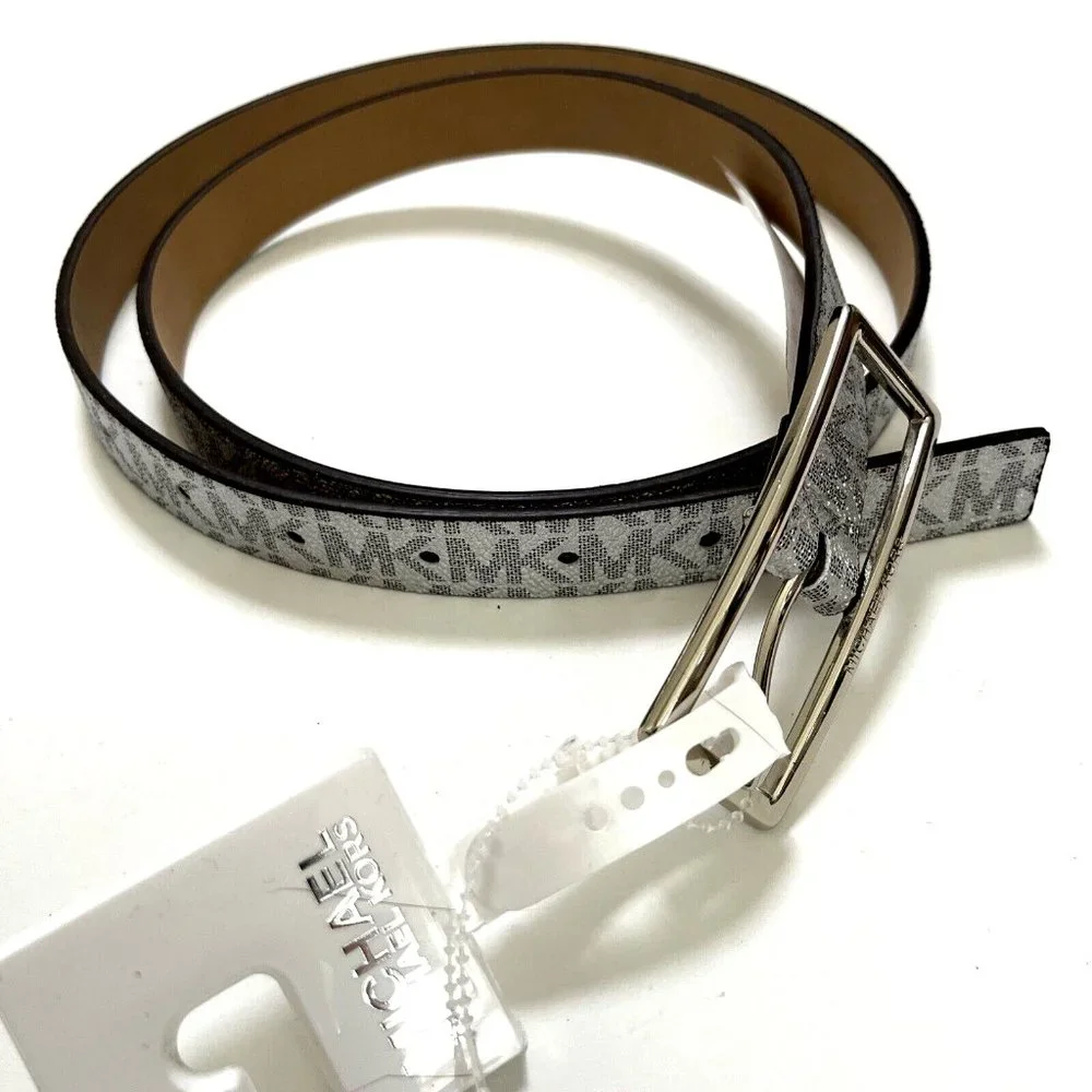 Michael Kors Signature Skinny Belt Silver Gray Monogram Womens Large L NWT
